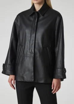 Women's Black Leather Swing Jacket With Button Back
