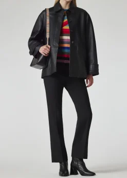 Women's Black Leather Swing Jacket With Button Back